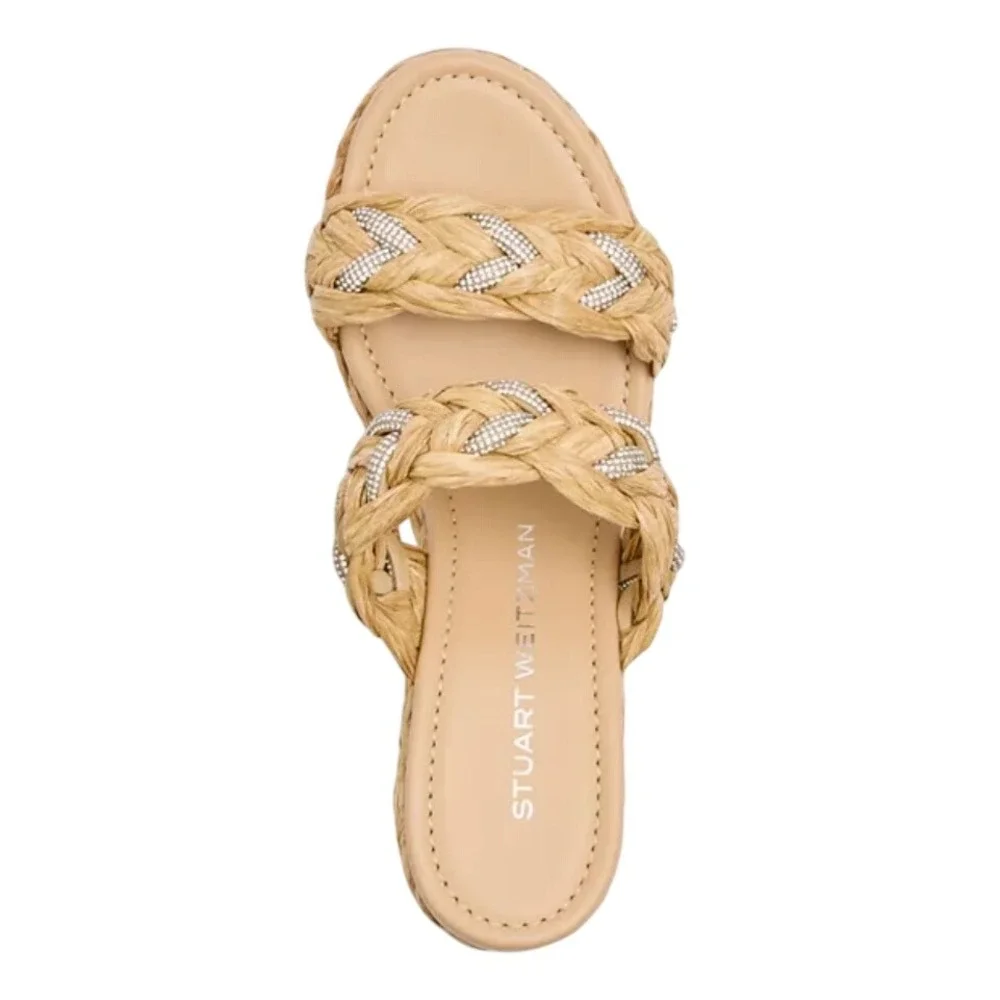 Stuart Weitzman Braided Raffia Crystal Wedge Sandals Natural Tan Women Size 8